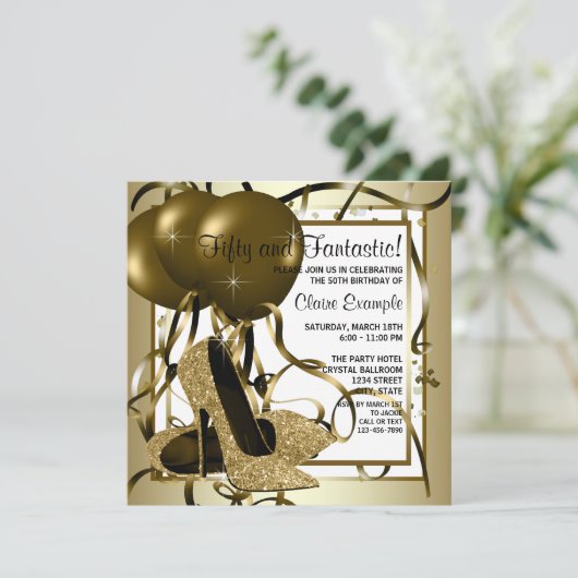 Vrouwen Wit Goud Hoge Hak Schoen Verjaardagsfeest Kaart (Staand voorkant)