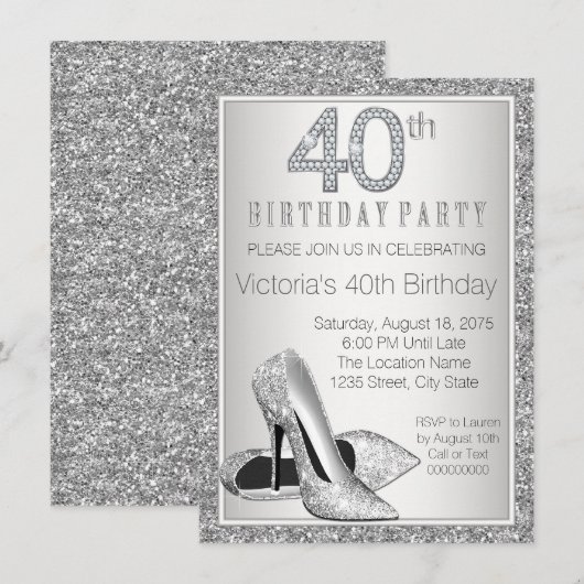Vrouwen Zilveren Glitter Hoge Heel Schoen 40e Verj Kaart (Voorkant / Achterkant)
