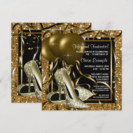 Vrouwen zwart en goud verjaardagsfeestje kaart (Voorkant / Achterkant)