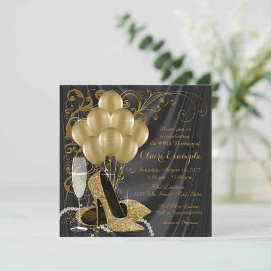 Vrouwen Zwart en Goud Verjaardagsfeestuitnodiginge Kaart (Staand voorkant)