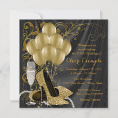 Vrouwen Zwart en Goud Verjaardagsfeestuitnodiginge Kaart (Voorkant)