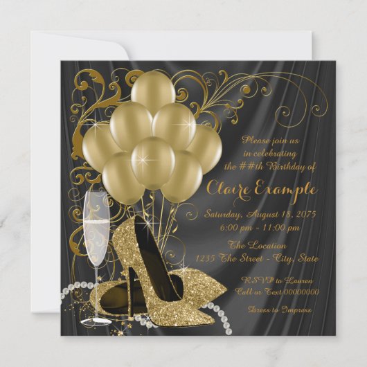 Vrouwen Zwart en Goud Verjaardagsfeestuitnodiginge Kaart (Voorkant)