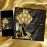 Vrouwen Zwart en Goud Verjaardagsfeestuitnodiginge Kaart<br><div class="desc">De uitnodiging voor het zwarte en gouden verjaardagsfeestje van de vrouw met prachtige gouden glitterschoenen met hoge hakken, gouden ballonnen, champagneparels en elegante gouden wervelingen op een luxueuze zwarte satijnen achtergrond. Deze elegante zwarte en gouden uitnodiging voor verjaardagsfeestjes wordt eenvoudig aangepast voor uw evenement door eenvoudig uw gegevens toe te...</div>
