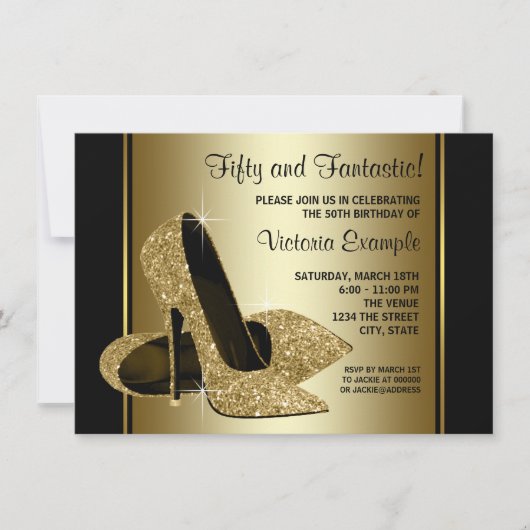 Vrouwen Zwart Goud High Heels Verjaardagsfeest Kaart (Voorkant)