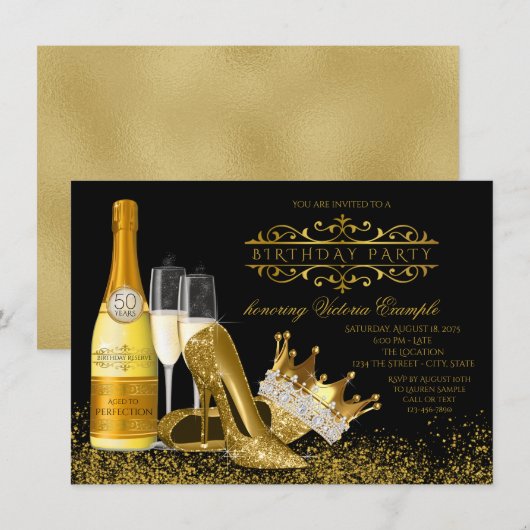 Vrouwen zwart goud hoge hakken prinses verjaardag kaart (Voorkant / Achterkant)