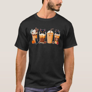 Vrouwen Zwarte Kat Halloween Koffie Pompoen Latte T-shirt