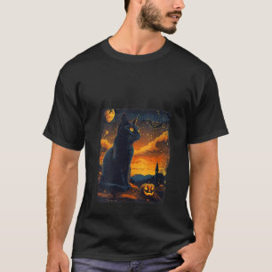 Vrouwen Zwarte Kat Sterrennacht Van Gogh Pompoenen T-shirt