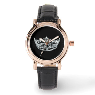 Vrouwen Zwarte Lederen Strap Pageant Crown Horloge