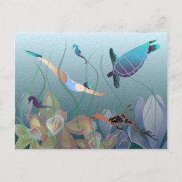 Vrouwen zwemmen onderwater met schildpad briefkaart