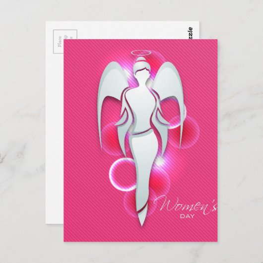 Vrouwendag, blanke vrouw engel op roze briefkaart (Voorkant / Achterkant)