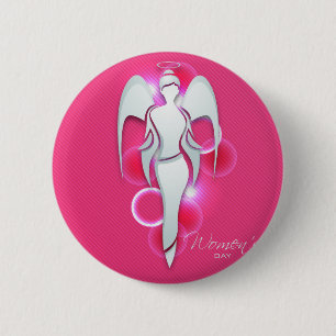 Vrouwendag, blanke vrouw engel op roze ronde button 5,7 cm