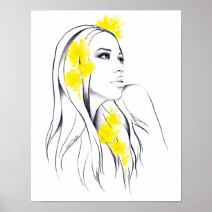 Vrouwengezicht Gele bloemen Mode-illustratie kunst Poster