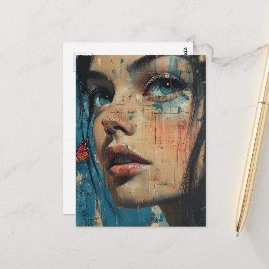 Vrouwengezicht Grunge Schilderij Briefkaart (Voorkant / Achterkant in situ)
