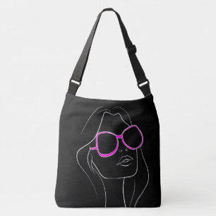 Vrouwengezicht in roze zonnebril Zwart Retro Crossbody Tas