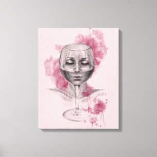 Vrouwengezicht in wijnglas surrealistische tekenin canvas afdruk