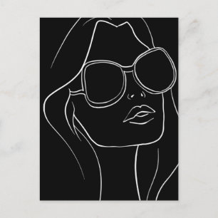Vrouwengezicht in zonnebril Lijnkunst Retro Zwart Briefkaart