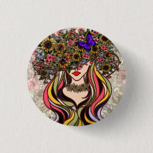 Vrouwengezicht, met bloemen en vlinders gooien p ronde button 3,2 cm