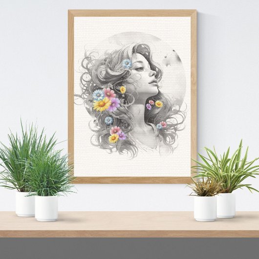 Vrouwengezicht Met Bloemen Textureel Effect Poster