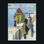 Vrouwenlezen Briefkaart<br><div class="desc">Het is een zonnige lentedag. Een jonge vrouw zit aan de muur langs de oever van de Rijn. Ze is diep in het lezen van een boek, dat ons niet voor de gek houdt. Haar fiets leent zich in de buurt tegen de muur. Dit schilderij is een van mijn series...</div>