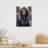 Vrouwenportret met regenjas staand op straat poster (Keuken)