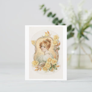 Vrouwenportret omgeven met gele rozen briefkaart