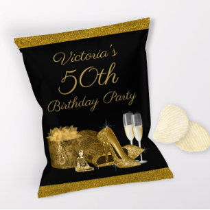 Vrouwenzwarte gouden verjaardagsfeest chipzak flyer