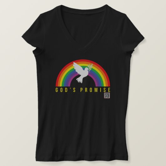 Vrouwenzwarte V T-Shirt Rainbow Gods Promise Dove (Design voorkant)