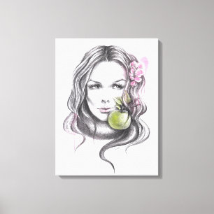 Vrouwportret met appel en bloesem Surrealistische  Canvas Afdruk