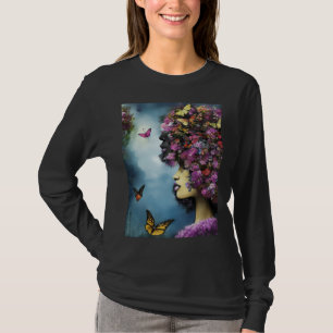 Vrouwprofiel met paarse bloemen en vlinders t-shirt
