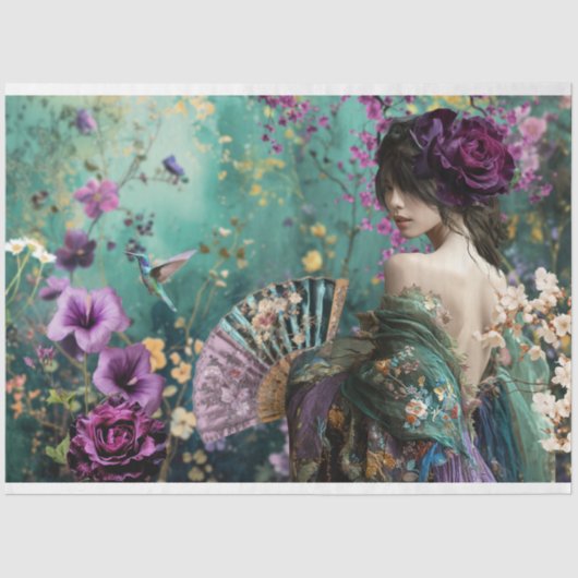 Vrouw's Back, Vogel & Floral Fantasy Portret Kunst Tissuepapier (Voorkant)