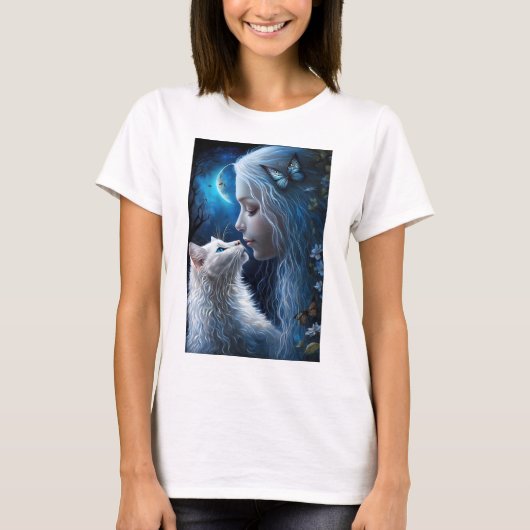 Vrouw's T-Shirt Fairy Queen met kat (Voorkant)