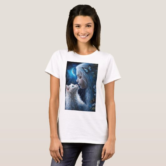 Vrouw's T-Shirt Fairy Queen met kat (Voorkant volledig)