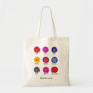 Vrucht van de geest met zinnias tote bag