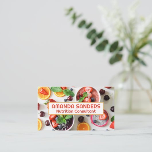 Vruchten en smoothies op tafel visitekaartje (Staand voorkant)
