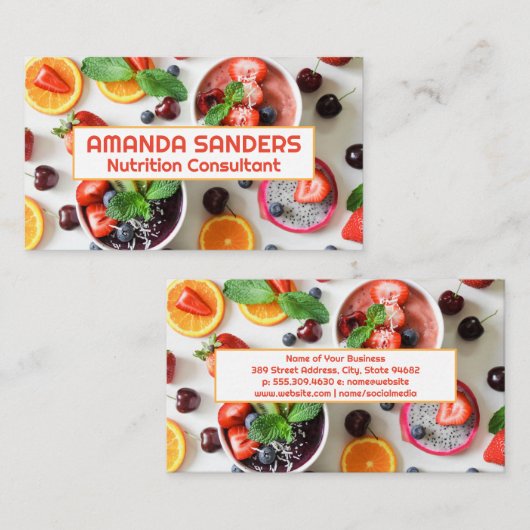 Vruchten en smoothies op tafel visitekaartje (Voorkant / Achterkant)