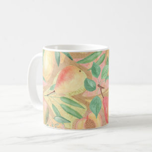 Vruchten, perziken, peren, citroenen, waterverf koffiemok