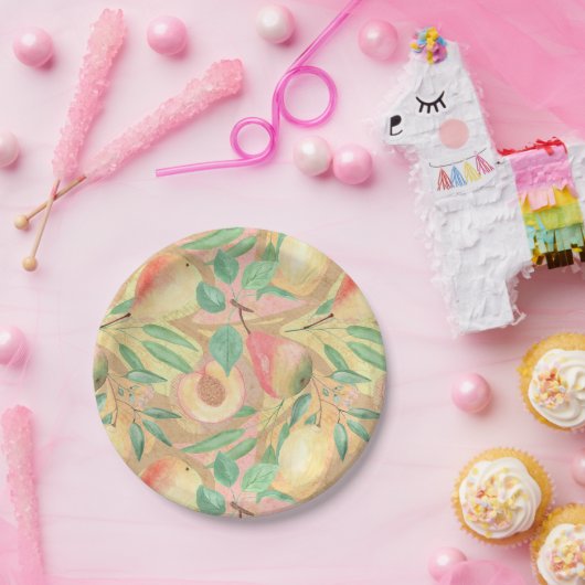 Vruchten, perziken, peren, citroenen, waterverf papieren bordje (Feest)