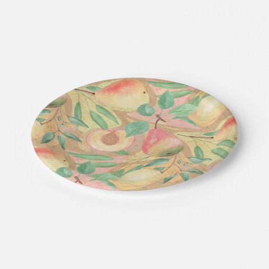 Vruchten, perziken, peren, citroenen, waterverf papieren bordje (Gekanteld)