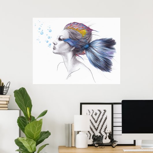 Vruchtvis Mermaid portret Surreal-tekenkunst Poster (Thuiskantoor)