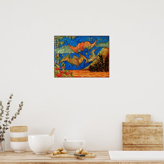 Vruchtvleermuis  Glas in lood ziet er mozaïek uit Poster (Keuken)