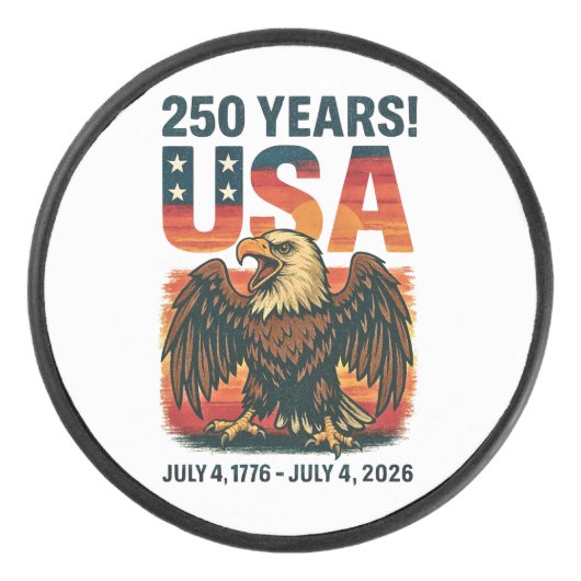 VS 250 jaar – Patriottische Bald Eagle 4 juli 2026 Hockey Puck (Voorkant)