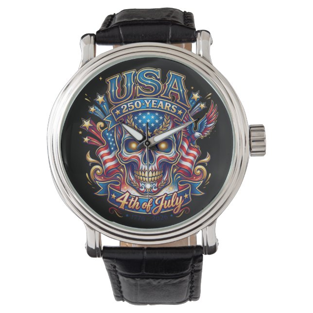 VS 250 Jaar Patriottische Schedel 4 Juli Horloge (Voorkant)