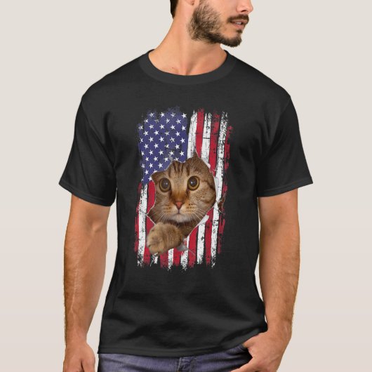  VS Amerikaanse vlag gescheurde kat katten T-shirt (Voorkant)