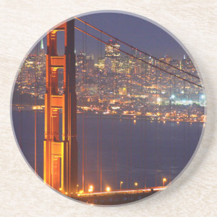 VS, Californië. Golden Gate-brug 's nachts Zandsteen Onderzetter