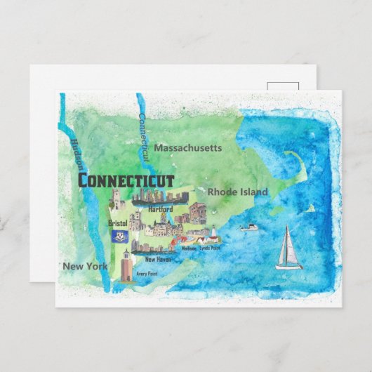 VS Connecticut Reisplattegrond Met Hoogtepunten  Briefkaart (Voorkant / Achterkant)
