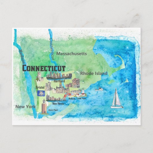 VS Connecticut Reisplattegrond Met Hoogtepunten  Briefkaart (Voorkant)