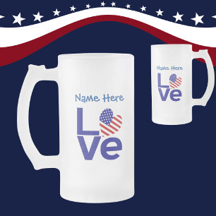 VS Hart Vlag Blauw LIEFDE Gepersonaliseerde Naam Matglas Bierpul