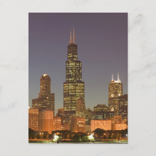 VS, Illinois, Chicago: Stedelijk Silhouet / Avond Briefkaart (Voorkant)