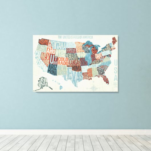 VS-kaart met staten in woorden Canvas Afdruk (Insitu (Houten vloer))