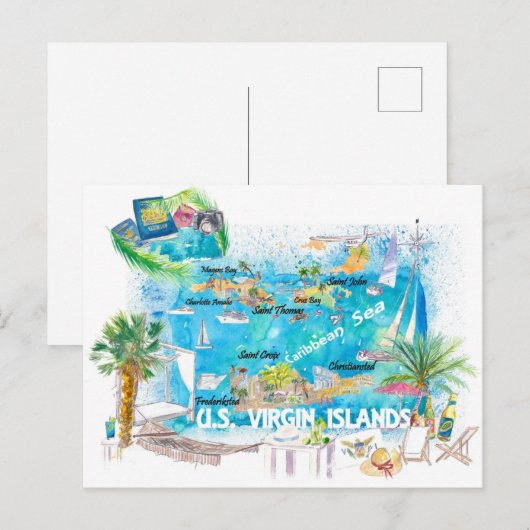 VS Maagdeneilanden geïllustreerde reiskaart Briefkaart (Voorkant / Achterkant)